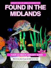 A promotional social media graphic for a 'Found in the Midlands' guide, featuring a vibrant, illuminated lantern display of a sea turtle and coral reef. The design uses clear, high-contrast text overlays to communicate the purpose of the post effectively.