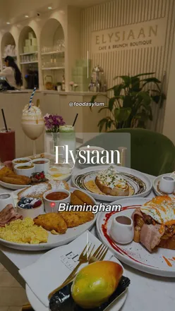 Brunch at Elysiaan in Birmingham featuring Turkish Eggs, Chicken Brioche, and Biscoff Pancakes in a cozy setting.