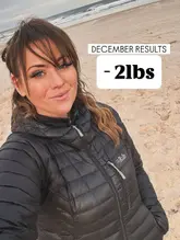 A personal fitness update post featuring a selfie on a beach, documenting weight loss progress.