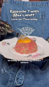 Teaser for new podcast episode featuring rugby star Max Lahiff as sous-chef, preparing steak tartare.