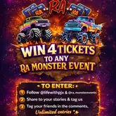 A promotional graphic for a monster truck event giveaway, featuring vibrant illustrations of monster trucks against a fiery background, with clear instructions for entry.