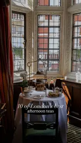 A montage video presenting 10 different luxury afternoon tea venues in London. Each segment features a shot of the table setting, the tea service, and the food, with text overlays identifying the venue name.