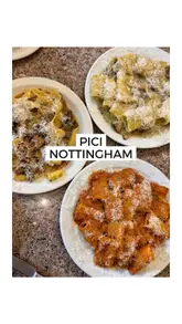 Foodies enjoying sharing plates at Pici restaurant in Nottingham, showcasing delicious pasta and desserts.