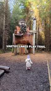 A short video showcasing the Vartry Lakes Play Trail, highlighting the 1.8km loop walk and the various playgrounds along the route, with a recommendation to grab a coffee from Roundwood Stores.
