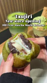 A promotional video for the opening of a new Tsujiri cafe in Stratford, London. The video features the creator showcasing various menu items, including a matcha brioche, salted bread, and a strawberry matcha mille crepe, while highlighting an opening day promotion.