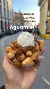 A vlog-style review of a Mexican cafe in London, specifically highlighting their unique 'Apple Pie Churrominis' dessert.