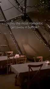 A montage showcasing a stay at Tuddenham Mill in Suffolk, featuring the room, the tipi dining experience, and various food items like a venison burger and desserts.