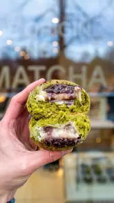 Enjoying matcha brioche and lattes at Tsujiri's new store in Queen Elizabeth Olympic Park, London.
