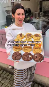 A creator visits four different food spots in Bristol, showcasing pastries, cookies, pizza, and cruffins. The video uses a fast-paced, vlog-style format with clear text overlays identifying each location and enthusiastic commentary.