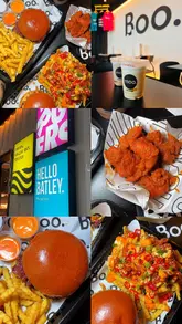 Delicious burger meal at @boo_batley featuring smoky and haystack burgers, loaded fries, and creamy milkshakes in Batley.