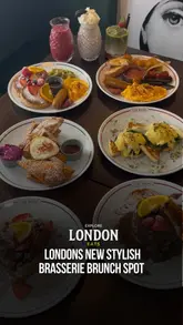 A promotional video for The Banc Brasserie in Enfield, showcasing the interior design and a variety of brunch dishes including pancakes, French toast, and egg-based breakfasts.