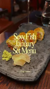 A promotional reel for the Sexy Fish restaurant, highlighting their January set menu offer. The video features a variety of shots including close-ups of sushi, cooked fish dishes, cocktails, and the restaurant's interior, interspersed with the creator enjoying the experience.