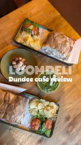 A short, music-driven montage showcasing various food and drink items from Loom Deli in Dundee, including sandwiches, toasties, cakes, and an iced matcha drink.