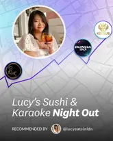 A promotional graphic for a London night out itinerary featuring sushi, cocktails, and karaoke. It uses a map-style background with a circular inset of the creator holding a drink, overlaid with text and venue logos.