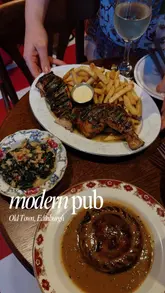 A montage showcasing various dishes and the interior of a pub in Edinburgh, focusing on elevated comfort food.