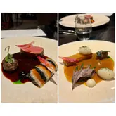 A high-quality, two-panel image showcasing two distinct, artistically plated dishes from a fine dining tasting menu. The left dish features a perfectly cooked piece of meat with a rich dark sauce and a striped vegetable component, while the right dish features a delicate piece of fish or vegetable with a vibrant orange sauce and various precise garnishes. The presentation is sophisticated and precise, typical of high-end culinary establishments.