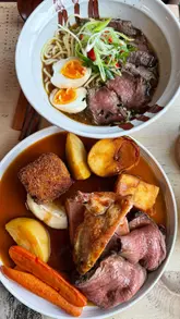 A montage of food dishes at a restaurant called Feast, featuring a Sunday roast, beef ramen, potato wedges, and drinks.