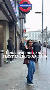 A vlog-style reel documenting a food tour around the London Bridge and Borough Market area. The creator visits several establishments, including a cafe for a breakfast bap, a fish and chip shop, a market stall for sausage rolls, and a historic pub for cheese and dessert.