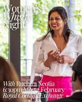 A promotional image for a 'Women's Whisky Night' event featuring a speaker, Ruchira Neotia, at the Royal Cocktail Exchange. The image uses a clean, professional portrait style with text overlay providing event details.