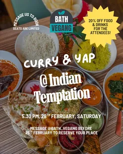 Celebrating our 2026 dinner event at Indian Temptation UK, with special 20% off menu for all guests, including vegans.