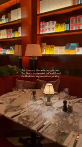 Interior of Bosco Pizzeria in Cardiff, featuring velvet decor, marble tables, and an open kitchen vibe.