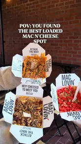 A short, punchy POV-style video showcasing various loaded Mac n' Cheese dishes from Mac Lovin, featuring close-ups of the food and the venue exterior.