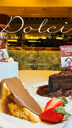 Indulgent Matilda cake, hot chocolate, and San Sebastián cheesecake at Haute Dolci in Trafford Centre, Manchester.