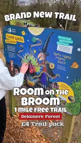 A family-oriented vlog showcasing the 'Room on the Broom' trail at Delamere Forest, highlighting the interactive elements, the activity pack, and a visit to the on-site cafe.