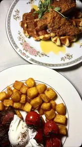A vibrant reel showcasing a bottomless brunch experience at Casa Bianca, featuring a variety of dishes like buttermilk fried chicken and waffles, steak and eggs, and pancakes, followed by a transition to the sister venue, Casa Nova, for cocktails and dancing.
