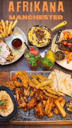 'Delicious African-fusion starters, mains, and drinks enjoyed at Afrikana on Wilmslow Road, perfect for date night.'