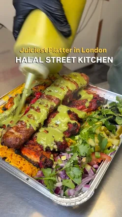 Quad Tandoor Platter with skewers, rice, and sauces at Halal Street Kitchen in London, perfect for Iftar.
