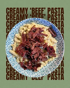 Creamy cashew sauce with Aldi 'beef' on a plate, perfect for a tasty vegan dinner in North Wales.