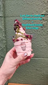 Soft Serve Society x Southbank Foodie Rose milk soft serve sundae with pistachio & rose petals, and a matcha rose latte.