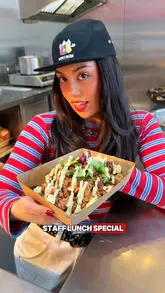 A high-energy, fast-paced video featuring a guest chef creating a 'Staff Lunch Special' rice box at a BBQ restaurant. The video follows the assembly process, highlighting ingredients like smoked brisket, adobo BBQ sauce, and Szechuan chili crisp, ending with a taste test.