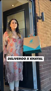 A promotional video for Deliveroo featuring an Iftar meal delivery from Khayal restaurant in Preston, showcasing various dishes like Chicken Mandi and Chicken Tagine.