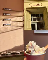 A clean, aesthetic collage showcasing an ice cream shop called Ciccetta's. The images highlight the shop's exterior, the pricing menu on the wall, and a close-up of a scoop of ice cream.