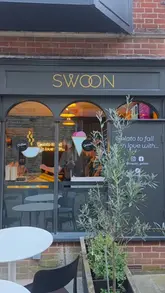 A promotional montage showcasing the gelato, coffee, and dessert offerings at Swoon Gelato, including shots of the display case, preparation, and the shop exterior.