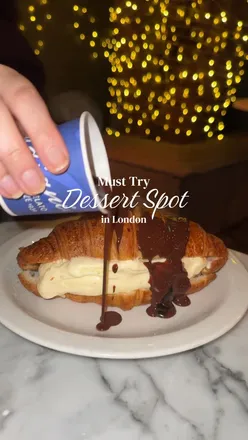 Indulging in Badiani's Hot Chocolate Gelato Croissant with Italian hot chocolate in London, a must-try dessert experience!
