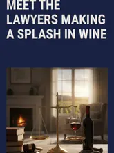 A clean, AI-generated graphic featuring a wine bottle, a glass of red wine, and legal symbols like a gavel and scales of justice, set against a cozy, fireplace-lit background.