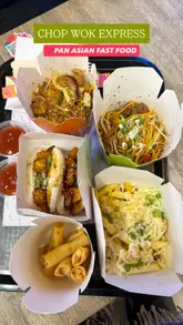 A short, fast-paced video tour of a new Pan Asian fast-food venue, Chop Wok Express, showcasing the interior, ordering kiosk, and a variety of dishes including bao buns, noodles, and loaded fries.
