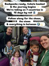 Here are a few options for your alt text, depending on what is actually in the photo:

**Option 1 (Focus on the people):**
Friends with backpacks standing on a European train platform ready for an Interrail adventure.

**Option 2 (Focus on the gear/vibe):**
Travelers with hiking backpacks and train tickets ready to explore seven countries by rail.

**Option 3 (General/Descriptive):**
Young travelers with backpacks waiting for a train to begin a 15-day Interrail trip across Europe.

**SEO Tip:** The best alt text describes exactly what is happening in the photo. If your photo shows a specific location (like a train station) or specific gear (like Osprey backpacks), feel free to add those details!