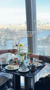 A short, aesthetic montage showcasing an afternoon tea service at The Shard, featuring close-ups of finger sandwiches, pastries, scones, and cocktails, set against a panoramic view of the London skyline.