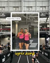 Here are a few options for your SEO alt text, depending on the focus of the image:

**Option 1 (Focus on the event/achievement):**
Two athletes celebrating after completing the HYROX London fitness race in under 90 minutes.

**Option 2 (Descriptive):**
Athletes posing at the finish line of a HYROX fitness competition after a successful training block.

**Option 3 (Action-oriented):**
Fitness enthusiast celebrating a sub-1:30 finish time at the HYROX London event with a training partner.

**SEO Tip:** The best alt text describes what is happening in the photo while including the main keyword ("HYROX"). Since you are posting this on Instagram/social media, Option 1 is usually the most effective for accessibility and search.