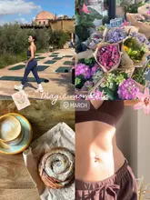 A lifestyle collage featuring a mix of personal snippets including a yoga session, a flower display, a coffee and pastry, and a personal fitness shot. It serves as a 'day in the life' update rather than a dedicated venue promotion.