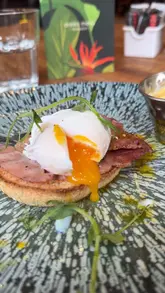 A vlog-style review of a brunch spot in Glasgow, featuring close-ups of French toast, Eggs Benedict, and various drinks. The creator provides a personal recommendation and highlights the menu options, including a brunch and prosecco deal.