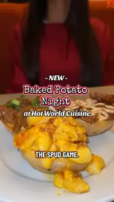 A vlog-style review of a 'Baked Potato Night' at a buffet restaurant, showcasing the variety of toppings, the buffet setup, mocktails, and a dessert station with a chocolate fountain.