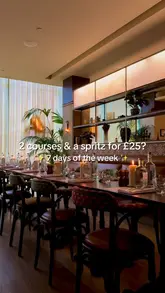 A promotional video for a restaurant offering a set menu deal of two courses and a spritz for £25. The video showcases various main course options including steak, chicken, mussels, and cauliflower, all served with fries.
