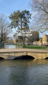 A travel montage showcasing a staycation in the Cotswolds, featuring accommodation at a lodge, a visit to a farm shop, a trip to a model village, and various meals including breakfast, pizza, and takeaway curry.