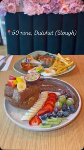 A spread of gluten-free breakfast, French toast, omelette, orange juice & cappuccino at 50 nine cafe in Datchet, Slough.