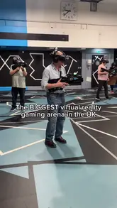 A vlog-style video showcasing a visit to Meet Space VR in Nottingham, highlighting the free-roam virtual reality gaming experience, including gameplay footage and the social aspect of playing with family.